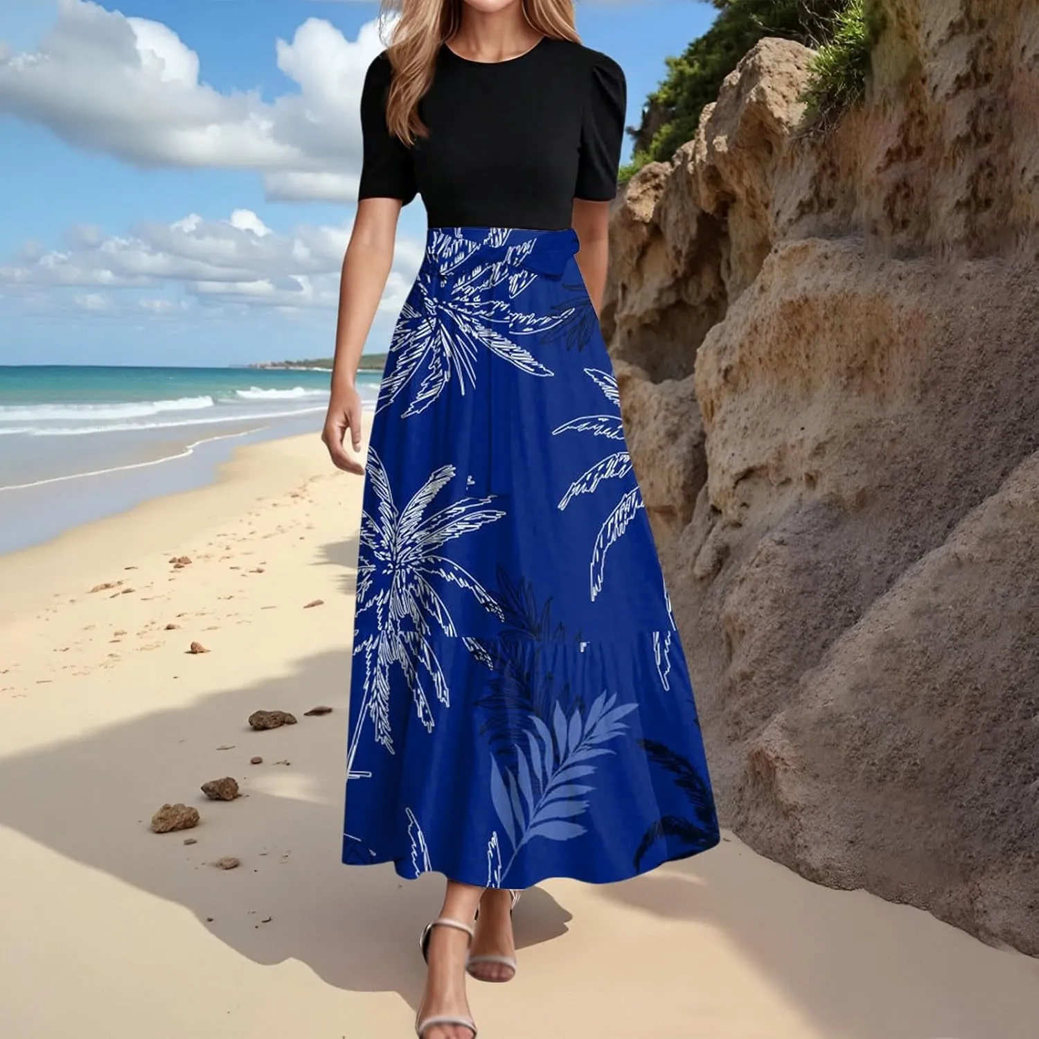 Work Dresses for Women 2025 Elegant Boho Tie Belted Patchwork Maxi Dress Empire Waist Short Sleeve Easter Dresses