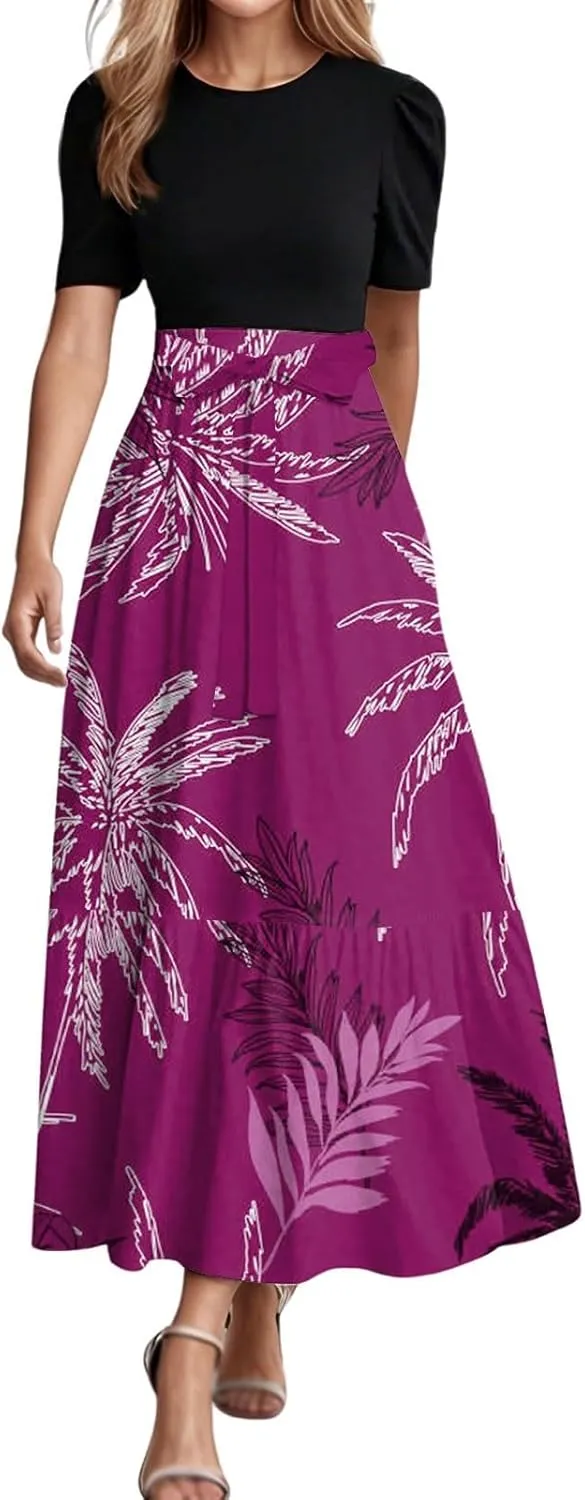 Work Dresses for Women 2025 Elegant Boho Tie Belted Patchwork Maxi Dress Empire Waist Short Sleeve Easter Dresses
