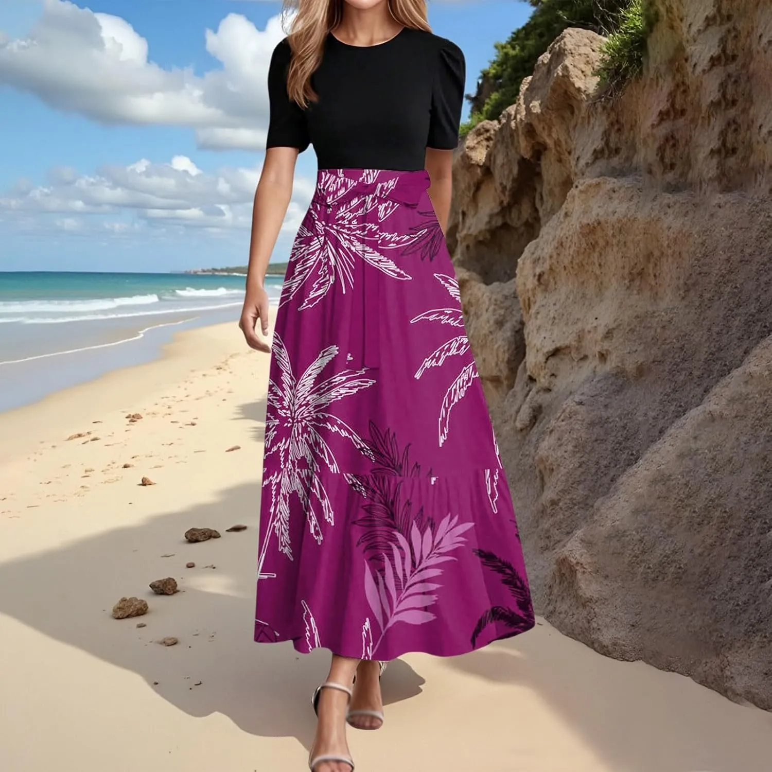 Work Dresses for Women 2025 Elegant Boho Tie Belted Patchwork Maxi Dress Empire Waist Short Sleeve Easter Dresses
