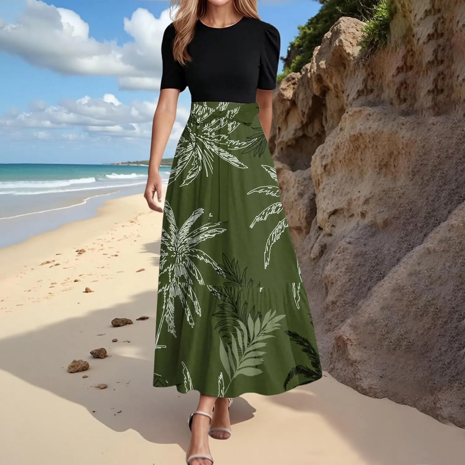 Work Dresses for Women 2025 Elegant Boho Tie Belted Patchwork Maxi Dress Empire Waist Short Sleeve Easter Dresses