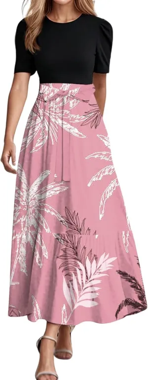 Work Dresses for Women 2025 Elegant Boho Tie Belted Patchwork Maxi Dress Empire Waist Short Sleeve Easter Dresses