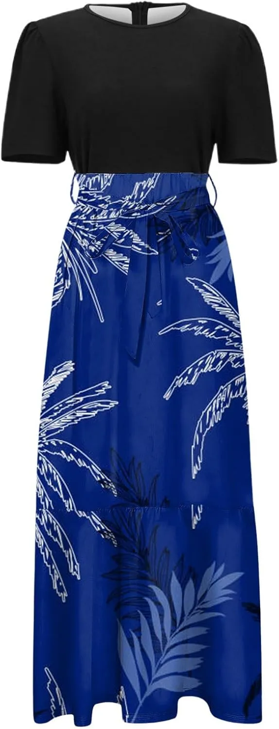 Work Dresses for Women 2025 Elegant Boho Tie Belted Patchwork Maxi Dress Empire Waist Short Sleeve Easter Dresses