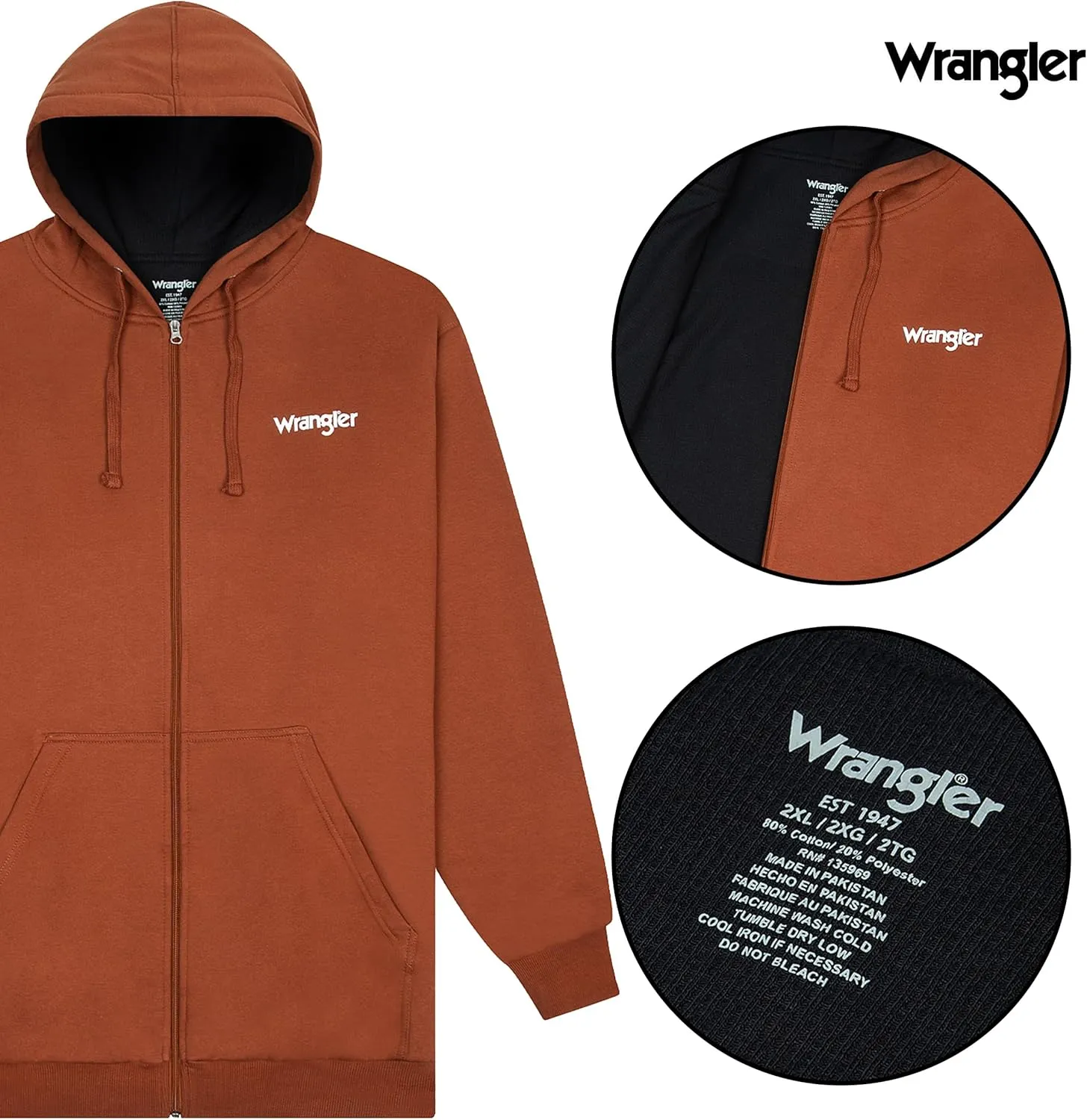 Wrangler Hoodies for Men Big and Tall - Thermal Lined Zip Up Sweatshirt