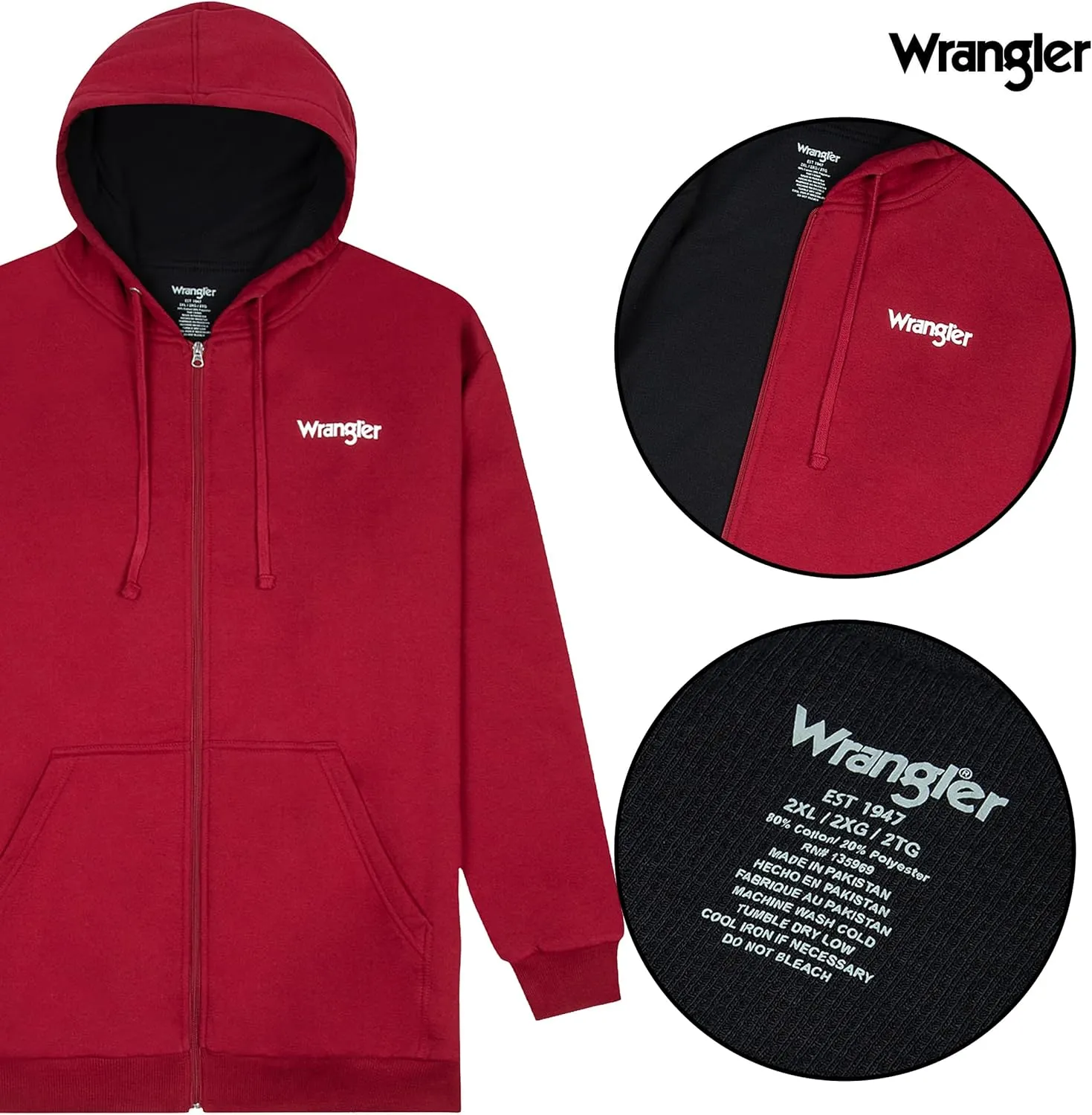 Wrangler Hoodies for Men Big and Tall - Thermal Lined Zip Up Sweatshirt