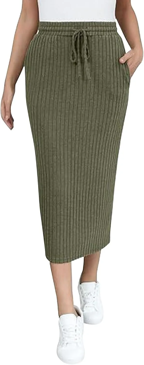XOWRTE Women's Ribbed Knit Bodycon Maxi Skirt High Waisted Spring Fall Pencil Long Skirts Elastic High Waisted Midi Skirt