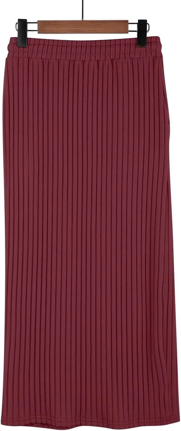 XOWRTE Women's Ribbed Knit Bodycon Maxi Skirt High Waisted Spring Fall Pencil Long Skirts Elastic High Waisted Midi Skirt