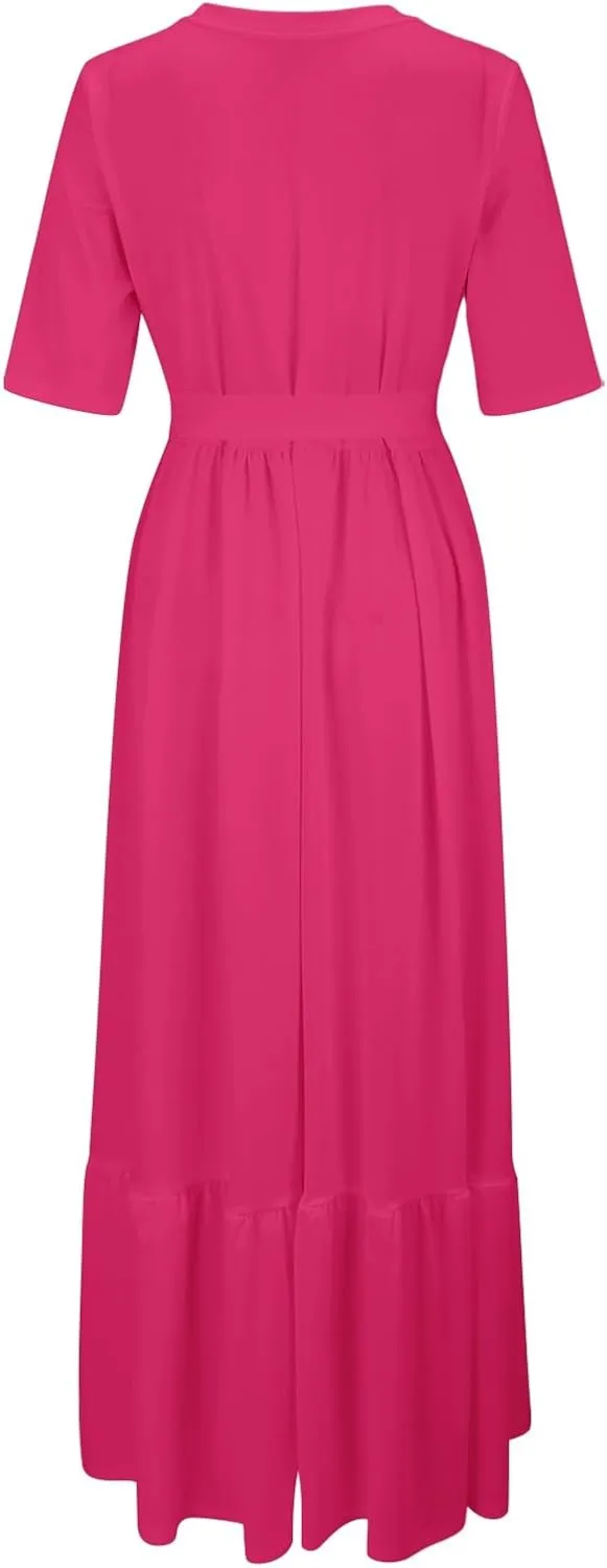 XOWRTE Womens Tank Sundress Casual Floral Print Tshirt Dress Swing Short Sleeve Midi Dress Crewneck Pleated Summer Dresses