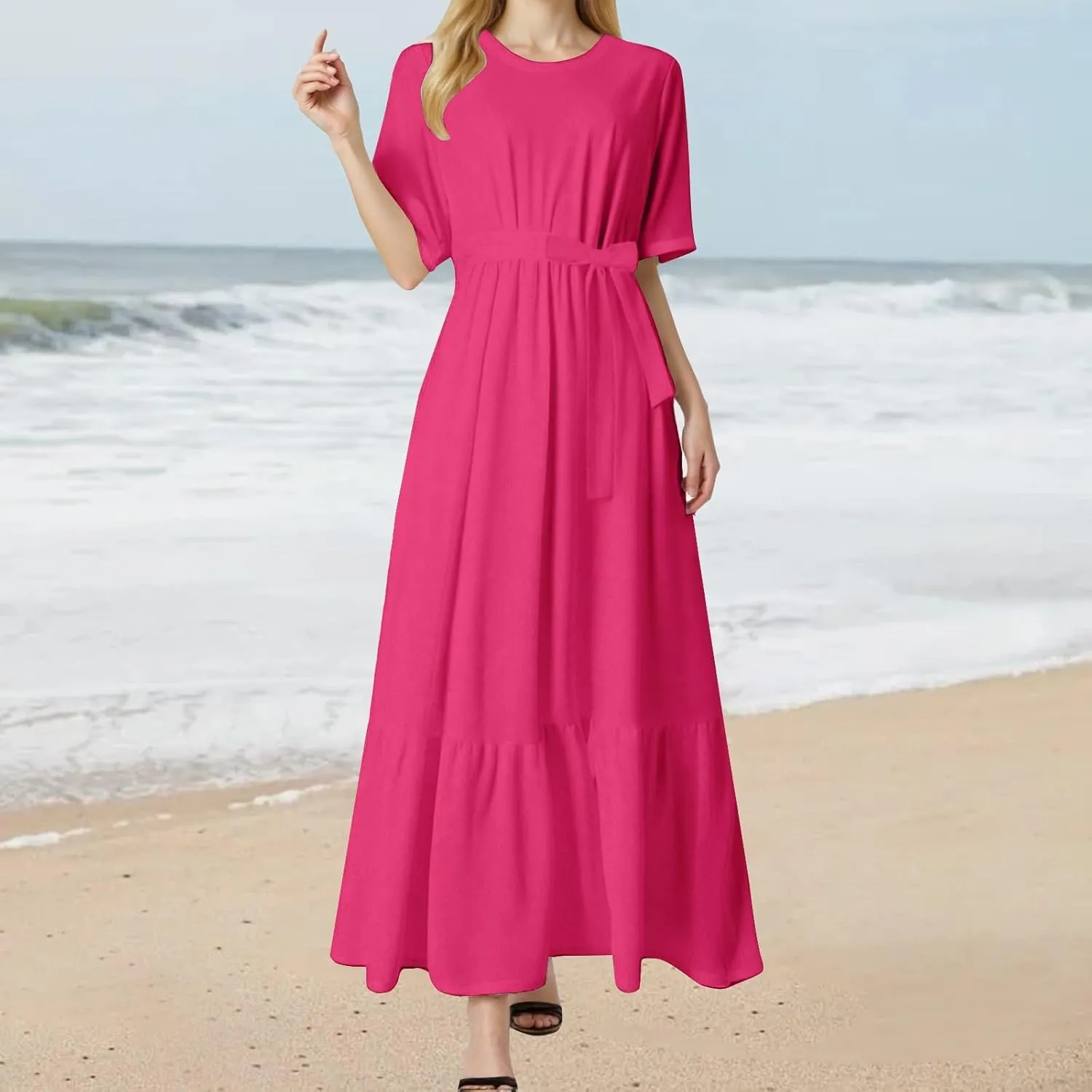 XOWRTE Womens Tank Sundress Casual Floral Print Tshirt Dress Swing Short Sleeve Midi Dress Crewneck Pleated Summer Dresses