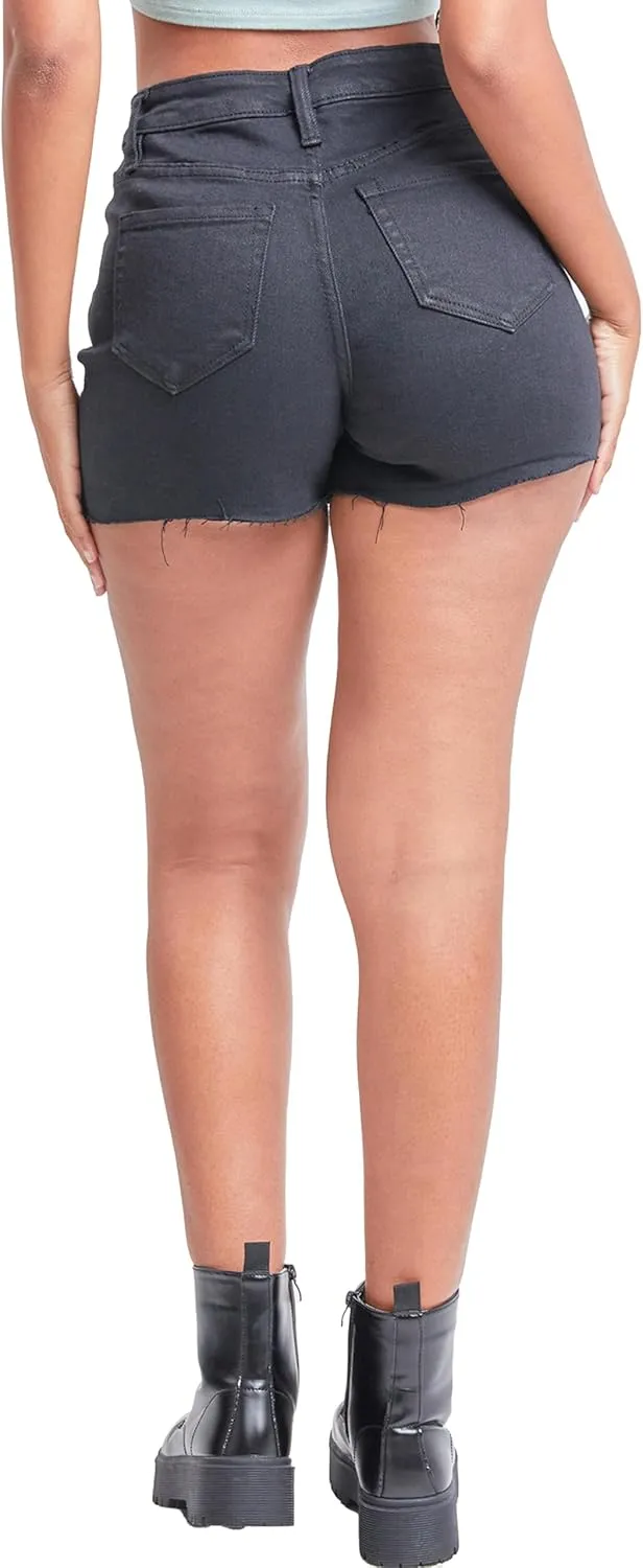 YMI Women's Junior Vintage Dream High-Rise Mid-Length Distressed Hem Denim Shorts