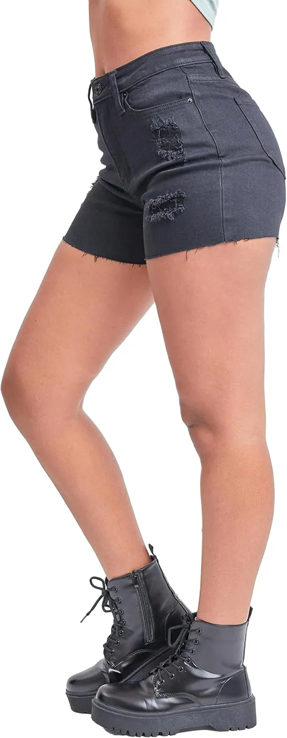 YMI Women's Junior Vintage Dream High-Rise Mid-Length Distressed Hem Denim Shorts