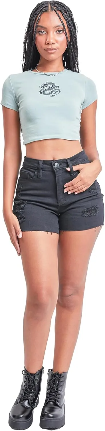 YMI Women's Junior Vintage Dream High-Rise Mid-Length Distressed Hem Denim Shorts