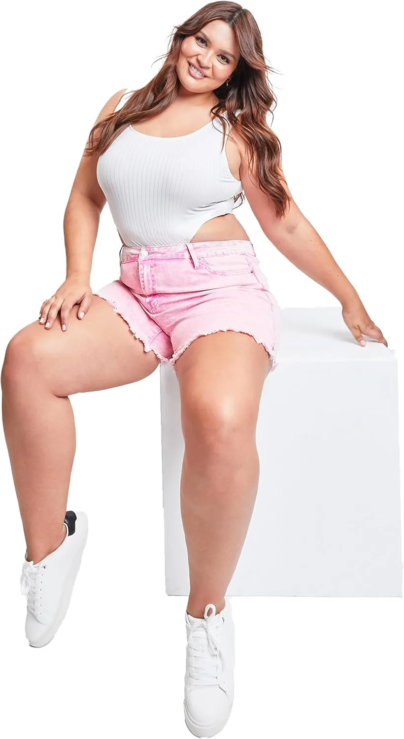 YMI Women's Plus Size High Rise 80's Acid Wash Mom Shorts