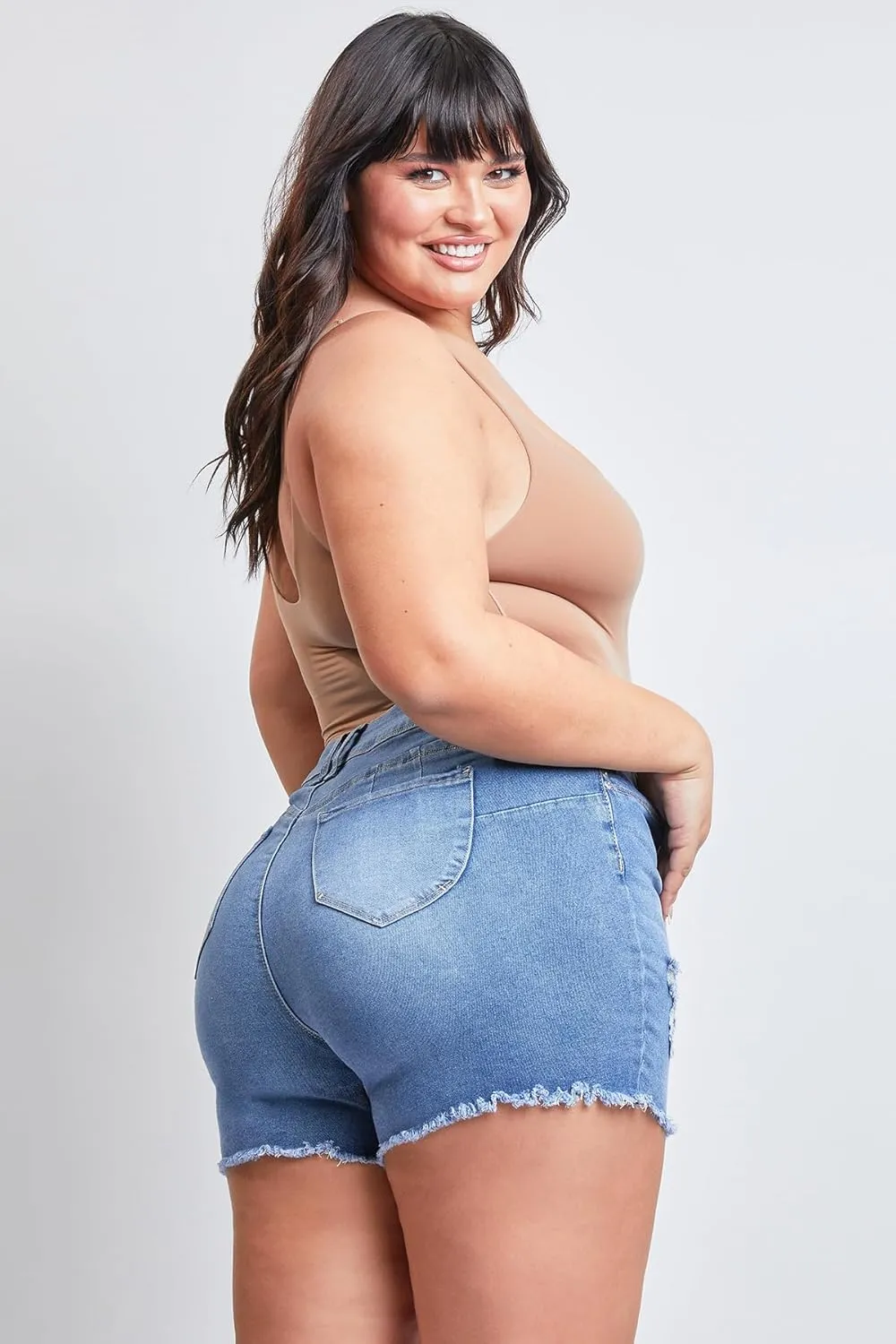 YMI Women's Plus Size Wannabettabutt High Rise Fray Shorts