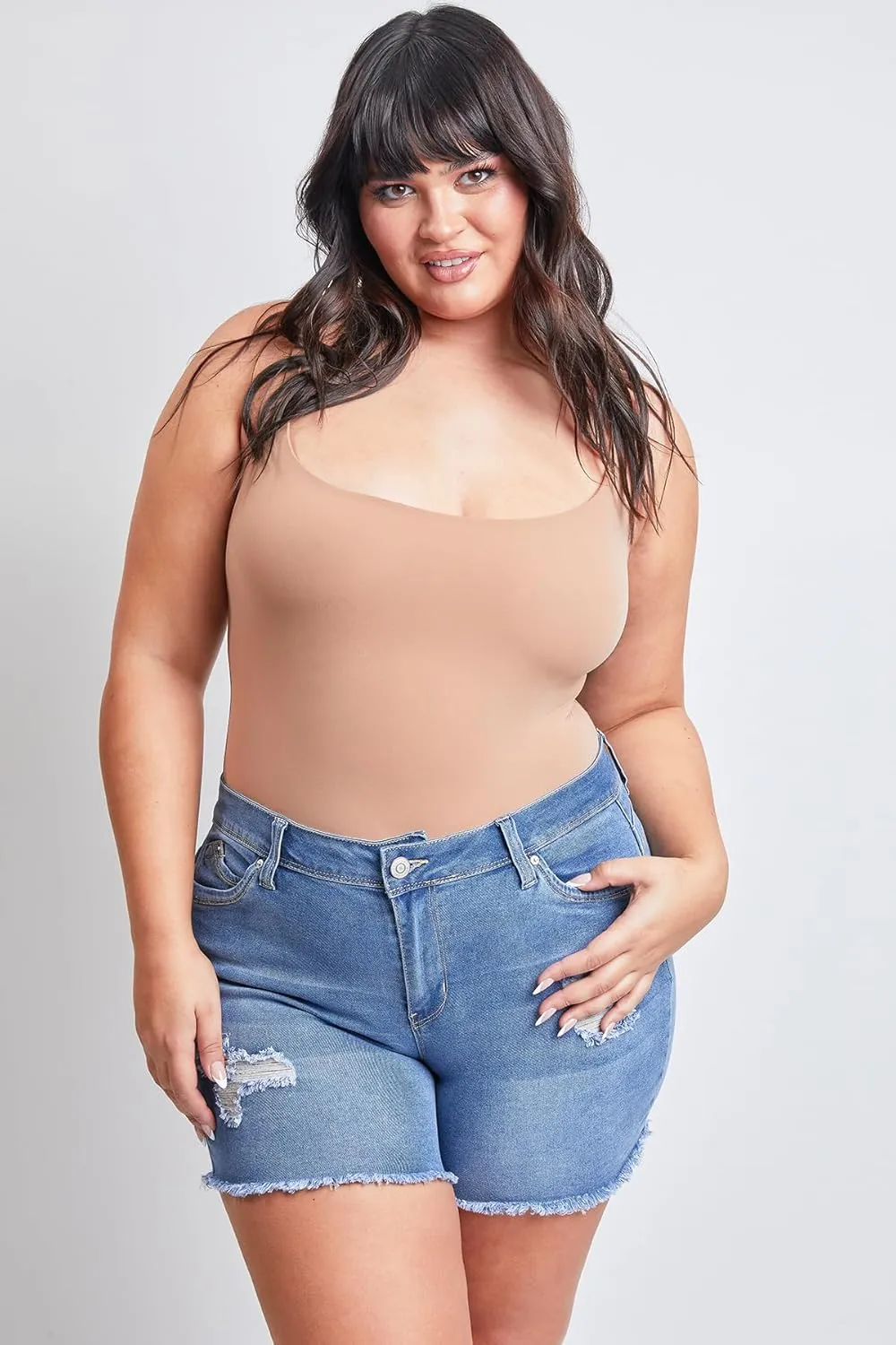 YMI Women's Plus Size Wannabettabutt High Rise Fray Shorts