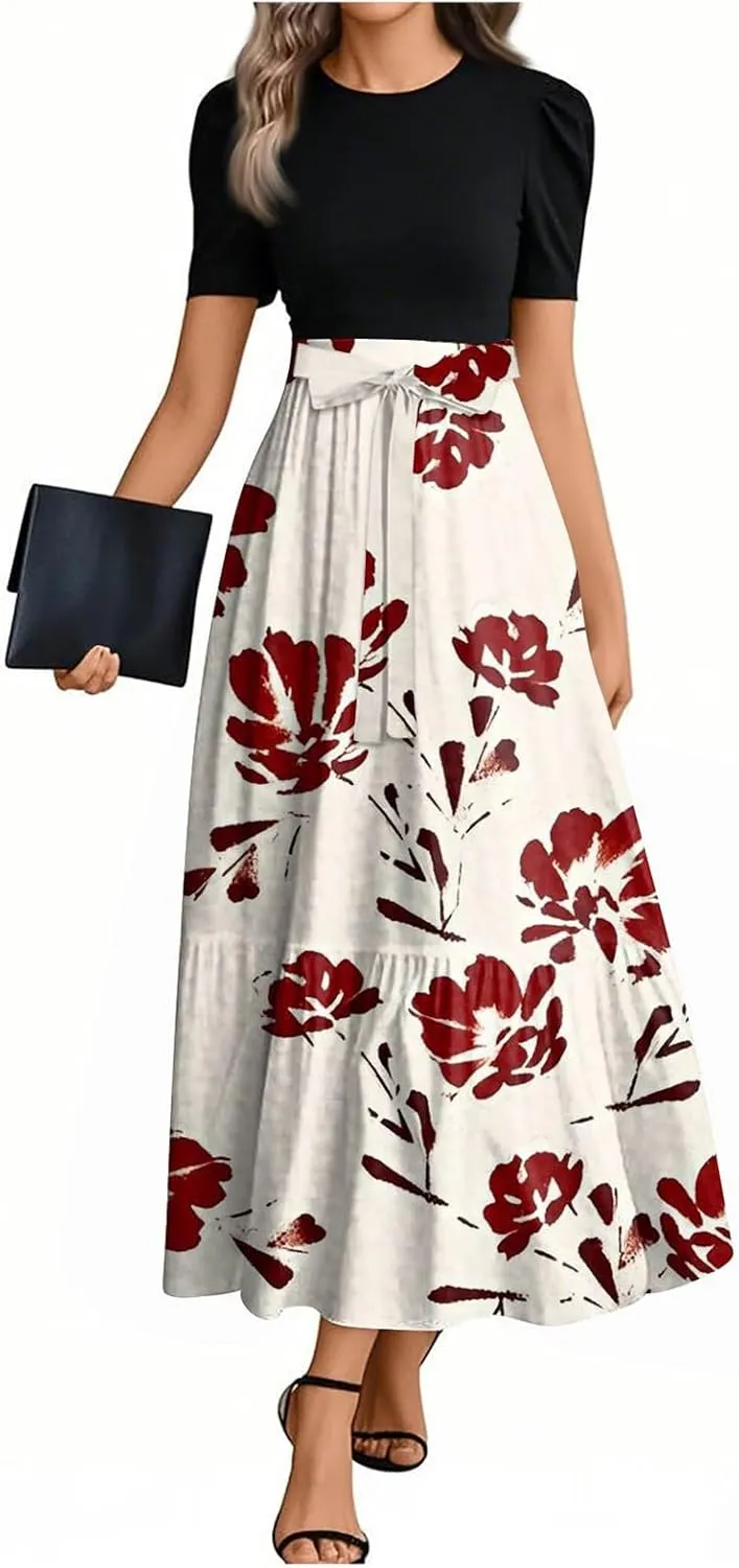 ZEFOTIM Long Dresses for Women 2025 Elegant Floral Dress Short Sleeve Crew Neck Dresses with Belt