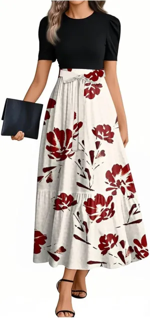 ZEFOTIM Long Dresses for Women 2025 Elegant Floral Dress Short Sleeve Crew Neck Dresses with Belt