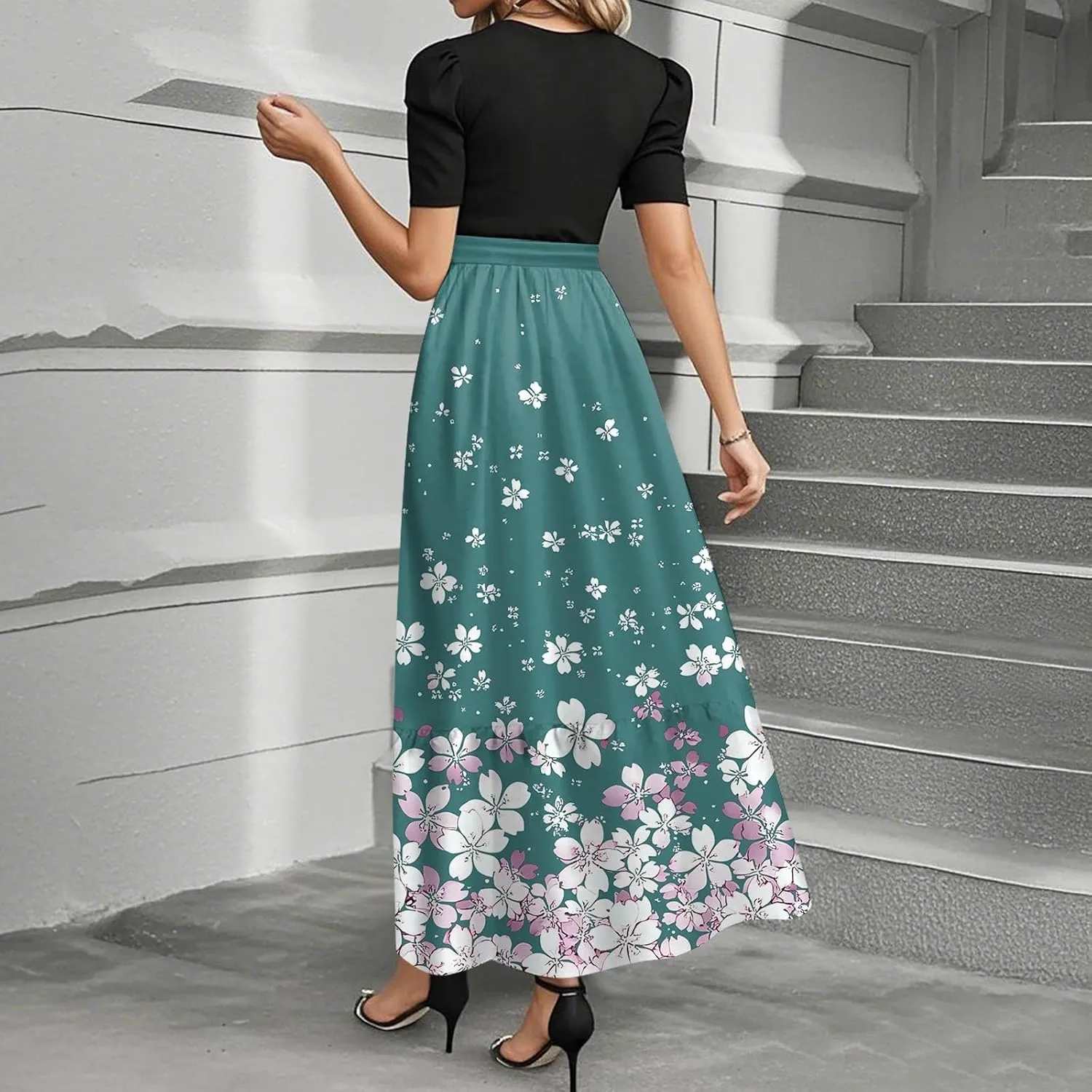 ZEFOTIM Long Dresses for Women 2025 Party Floral Dress Short Sleeve Crew Neck Dresses with Belt