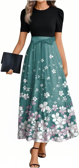 ZEFOTIM Long Dresses for Women 2025 Party Floral Dress Short Sleeve Crew Neck Dresses with Belt