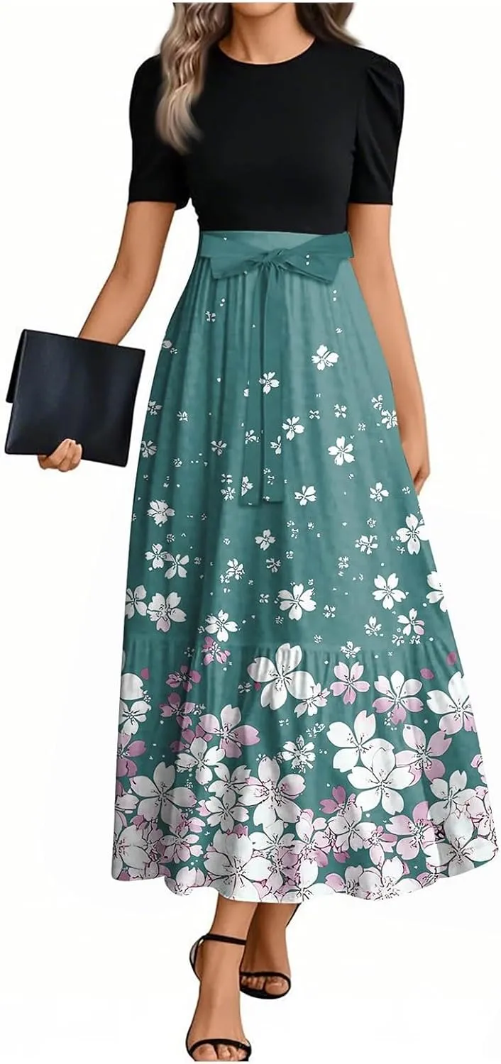 ZEFOTIM Long Dresses for Women 2025 Party Floral Dress Short Sleeve Crew Neck Dresses with Belt