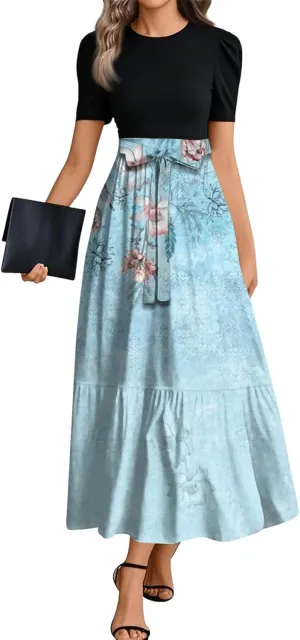 ZEFOTIM Long Dresses for Women Holiday Floral/Geometric Dress Short Sleeve Crew Neck Dresses with Belt