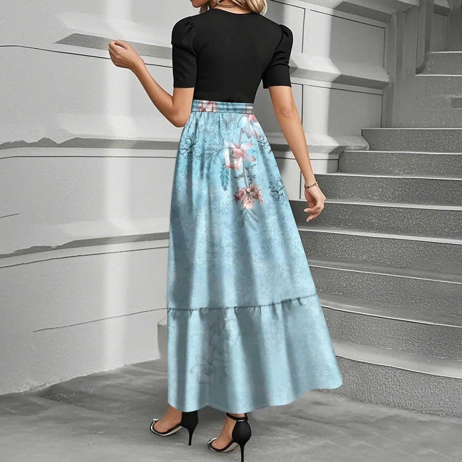 ZEFOTIM Long Dresses for Women Holiday Floral/Geometric Dress Short Sleeve Crew Neck Dresses with Belt