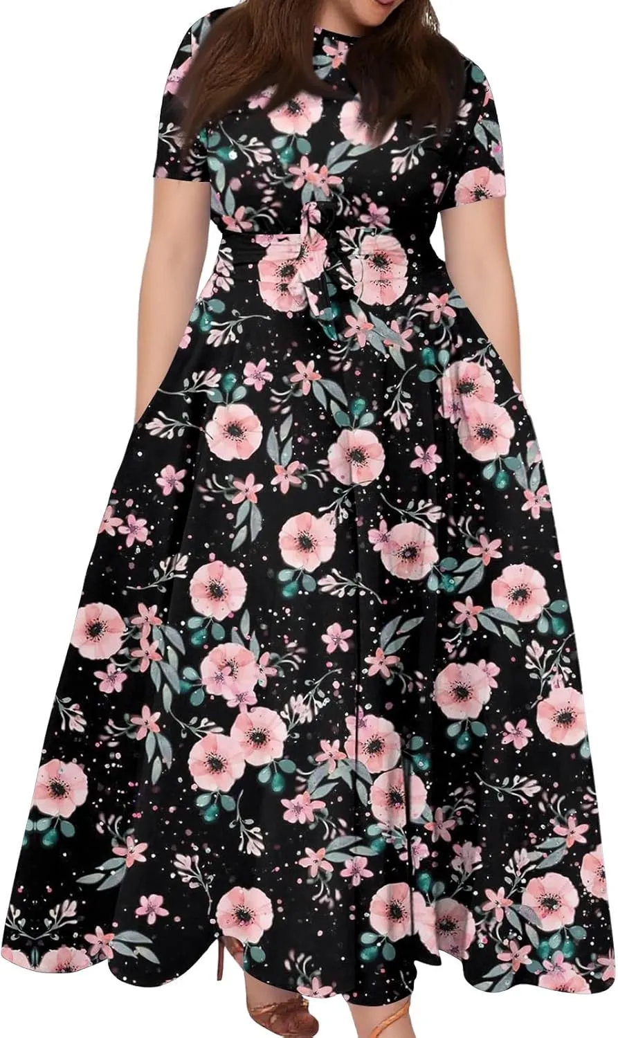 ZEFOTIM Long Dresses for Women Plus Size Flower Floral Dress Short Sleeve Crew Neck Dresses