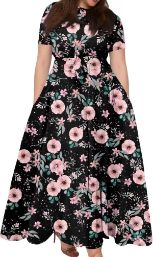 ZEFOTIM Long Dresses for Women Plus Size Flower Floral Dress Short Sleeve Crew Neck Dresses