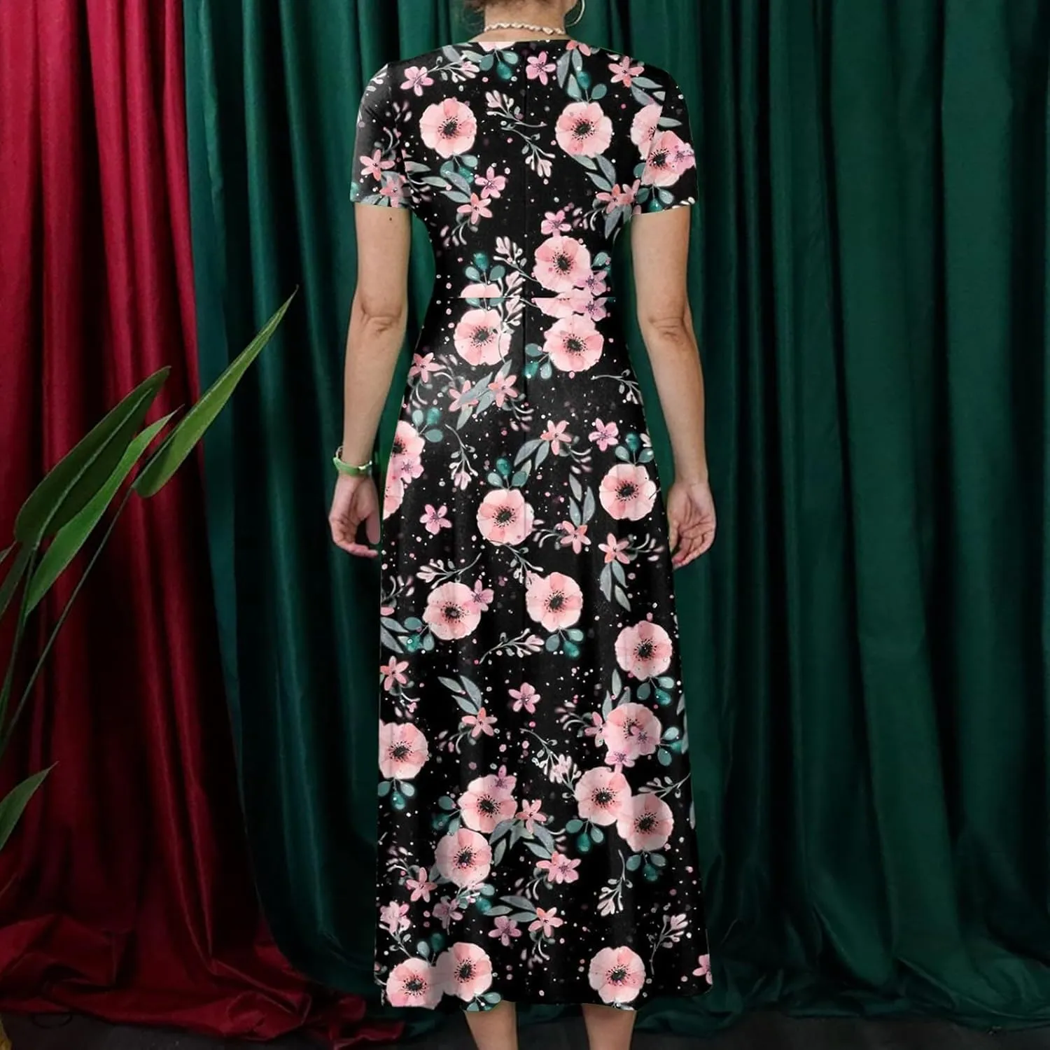 ZEFOTIM Long Dresses for Women Plus Size Flower Floral Dress Short Sleeve Crew Neck Dresses