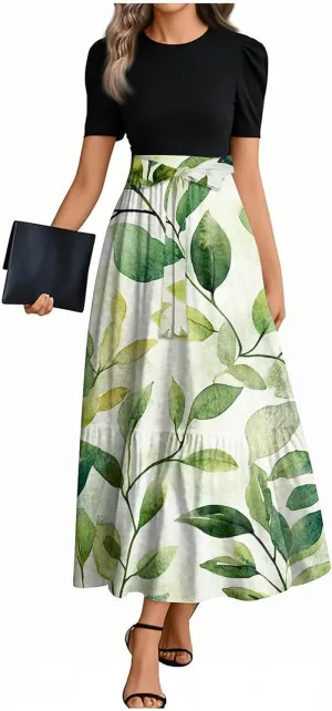 ZEFOTIM Long Flowy Dresses for Women Cute Floral Dress Short Sleeve Crew Neck Dresses with Belt