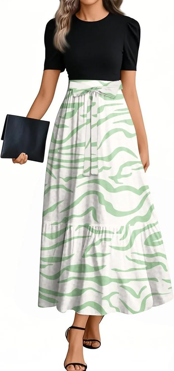 ZEFOTIM Long Flowy Dresses for Women Elegant Floral Dress Short Sleeve Crew Neck Dresses with Belt