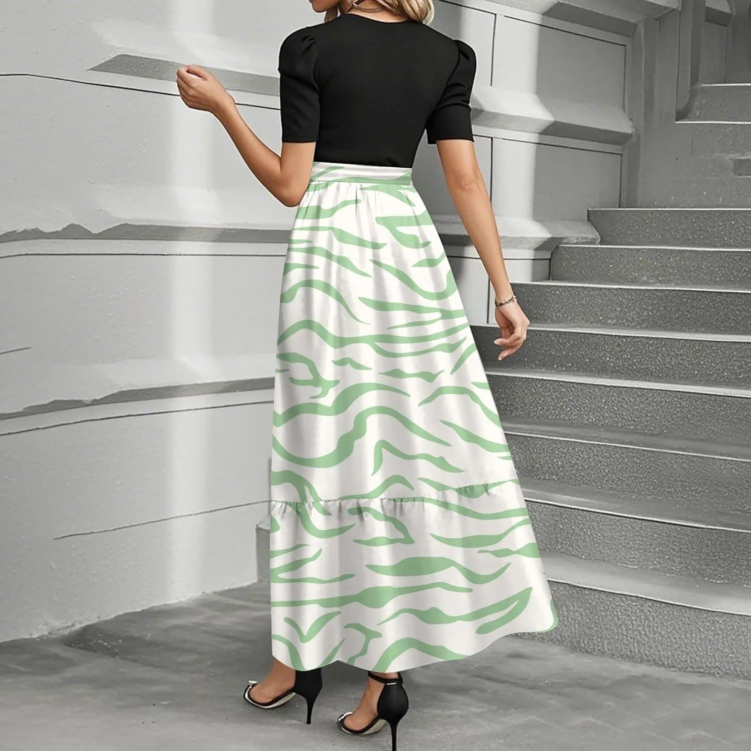 ZEFOTIM Long Flowy Dresses for Women Elegant Floral Dress Short Sleeve Crew Neck Dresses with Belt