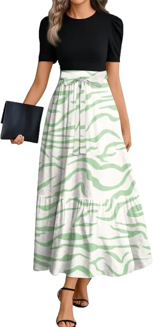 ZEFOTIM Long Flowy Dresses for Women Elegant Floral Dress Short Sleeve Crew Neck Dresses with Belt