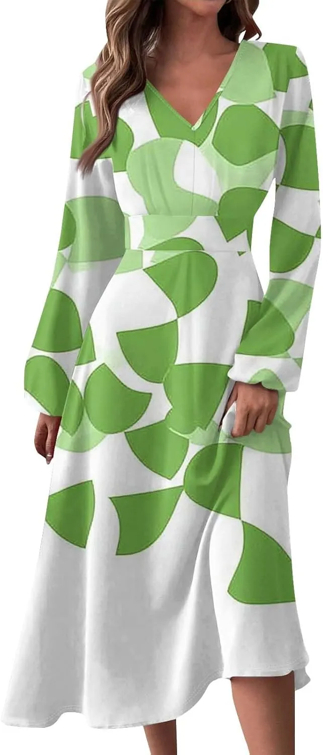 ZEFOTIM Long Sleeve Dress for Women Cute V Neck Comfy Floral Gradient Graphic Dresses Summer Spring Dresses