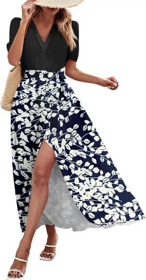 ZEFOTIM Maxi Dresses for Women 2025 Boho Floral Dress Short Sleeve V Neck Dresses with Slit