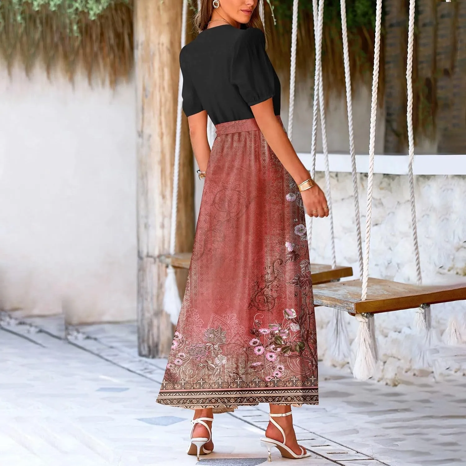 ZEFOTIM Maxi Dresses for Women 2025 Flowy Floral Dress Short Sleeve V Neck Dresses with Slit