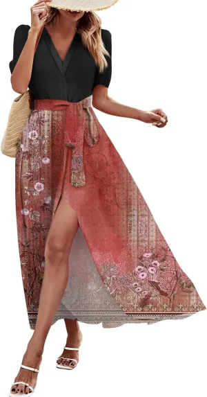 ZEFOTIM Maxi Dresses for Women 2025 Flowy Floral Dress Short Sleeve V Neck Dresses with Slit
