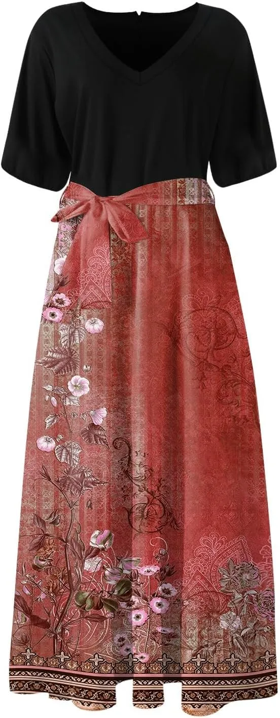 ZEFOTIM Maxi Dresses for Women 2025 Flowy Floral Dress Short Sleeve V Neck Dresses with Slit