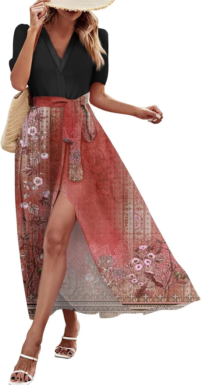 ZEFOTIM Maxi Dresses for Women 2025 Flowy Floral Dress Short Sleeve V Neck Dresses with Slit