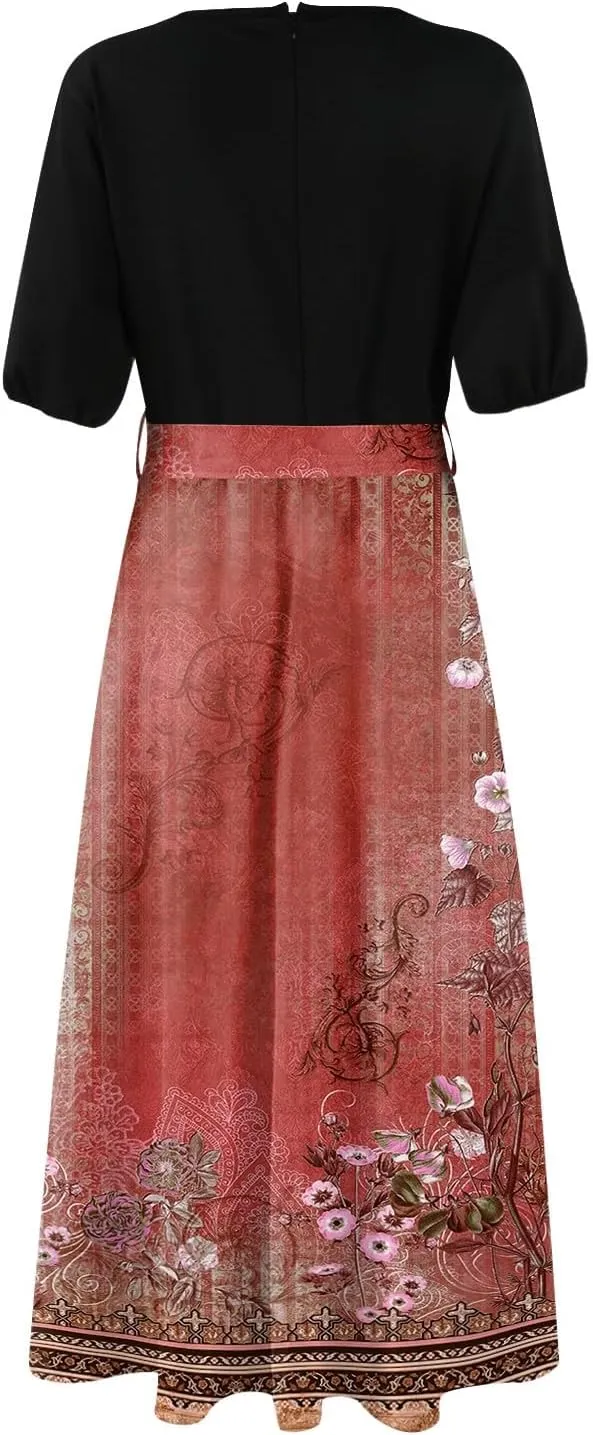 ZEFOTIM Maxi Dresses for Women 2025 Flowy Floral Dress Short Sleeve V Neck Dresses with Slit
