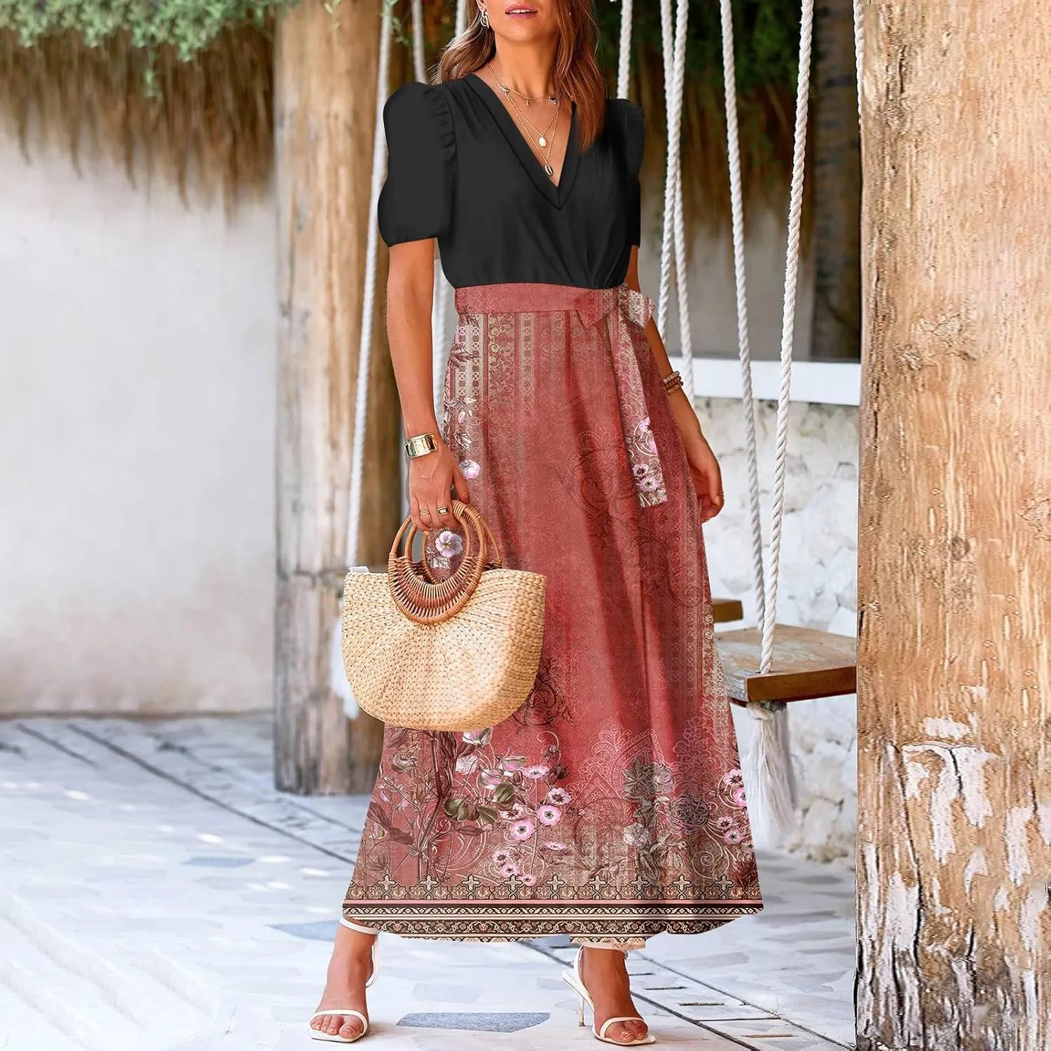 ZEFOTIM Maxi Dresses for Women 2025 Flowy Floral Dress Short Sleeve V Neck Dresses with Slit