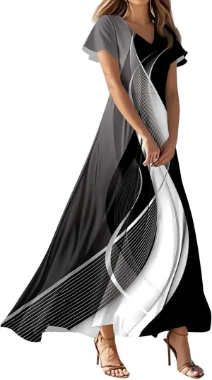 ZEFOTIM Maxi Dresses for Women 2025 Sexy Floral/Geometric Dress Short Sleeve V Neck Dresses