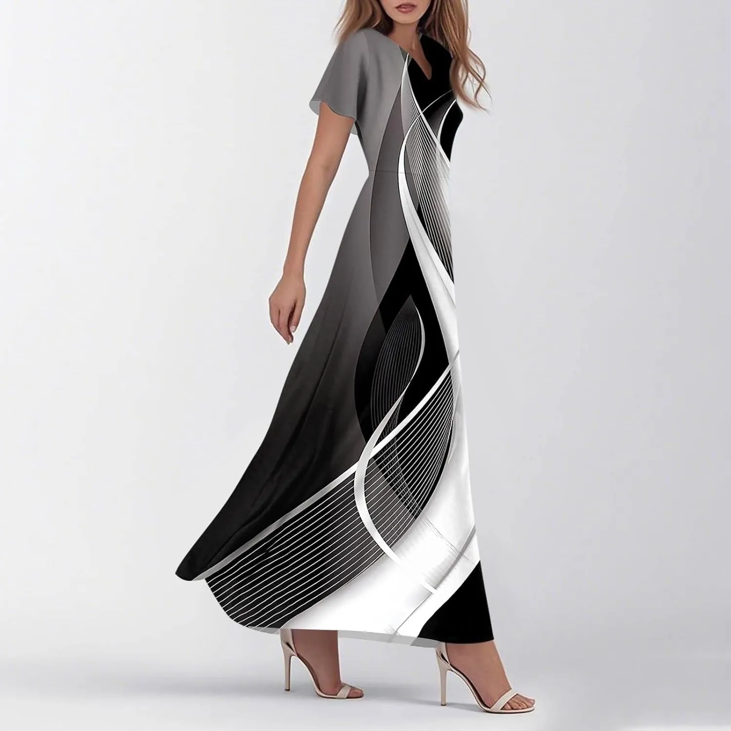 ZEFOTIM Maxi Dresses for Women 2025 Sexy Floral/Geometric Dress Short Sleeve V Neck Dresses