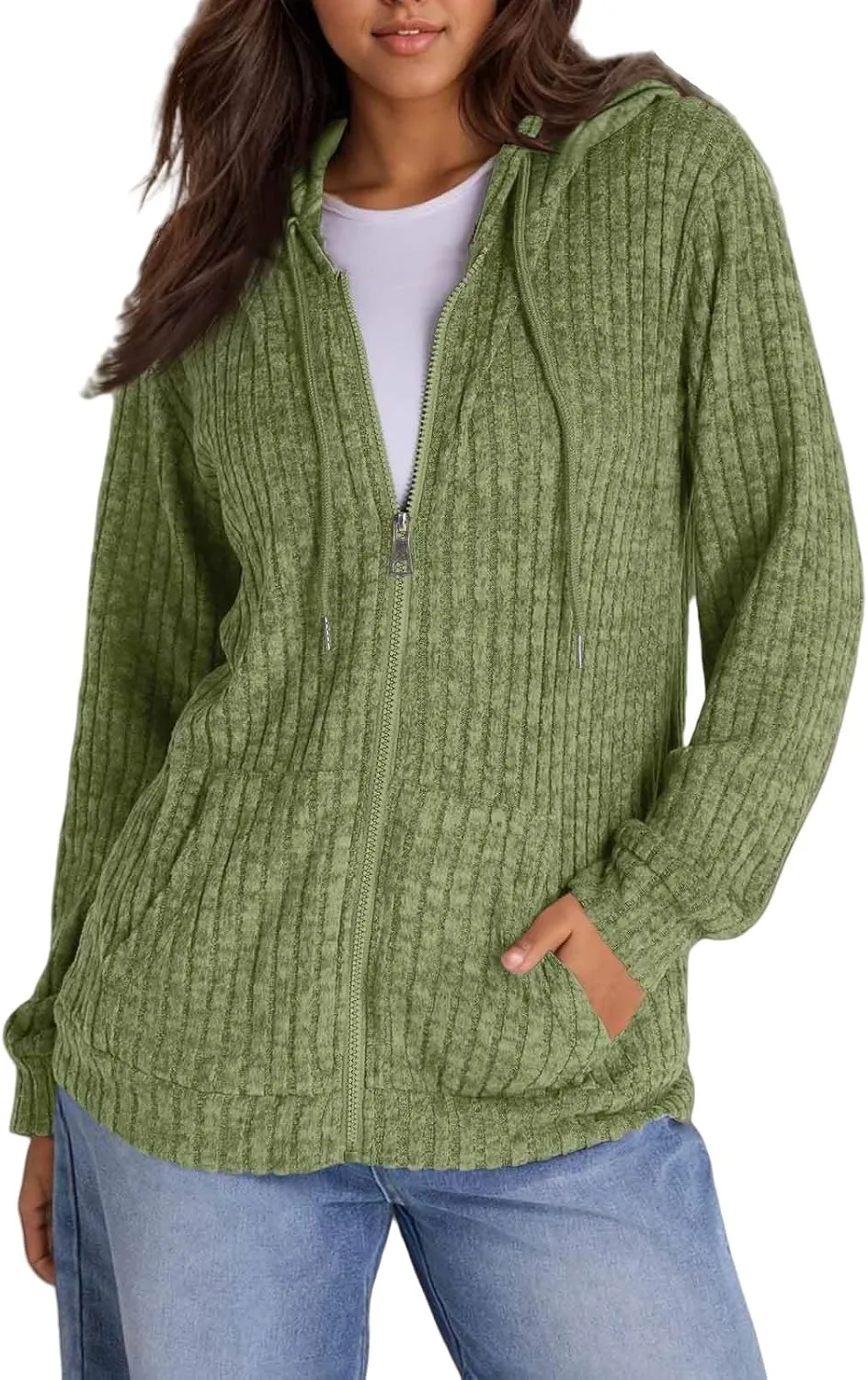 Zip Up Hoodie Women Oversized Sweaters Hoodies Casual Drawstring Lightweight Knit Workout Zip Up Jackets with Pockets
