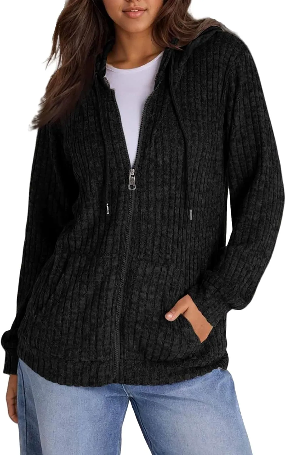 Zip Up Hoodie Women Oversized Sweaters Hoodies Casual Drawstring Lightweight Knit Workout Zip Up Jackets with Pockets