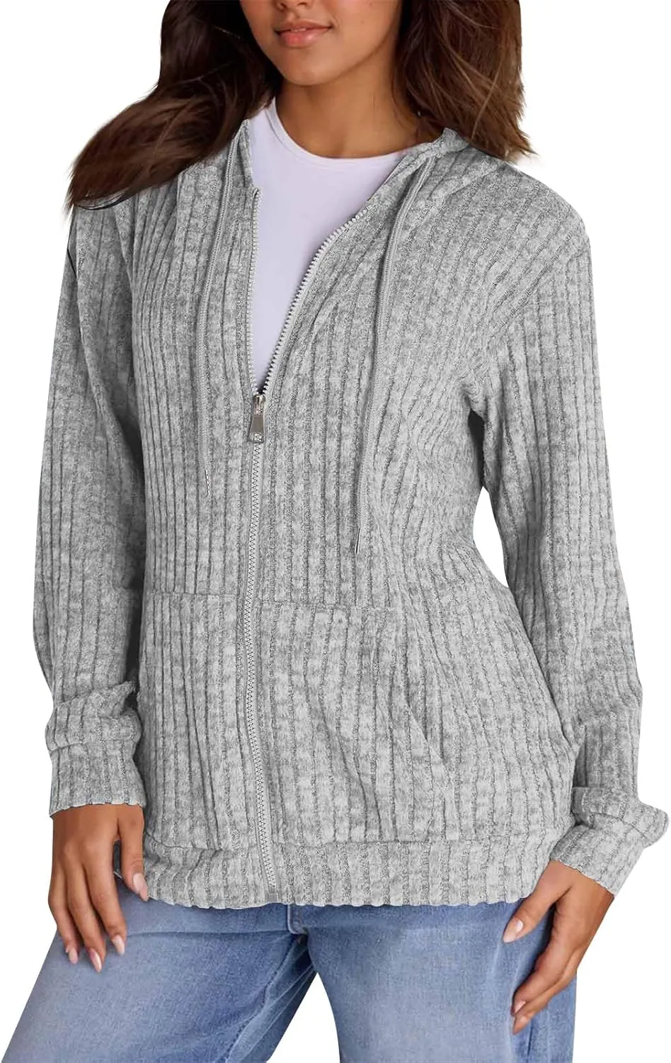 Zip Up Hoodie Women Oversized Sweaters Hoodies Casual Drawstring Lightweight Knit Workout Zip Up Jackets with Pockets