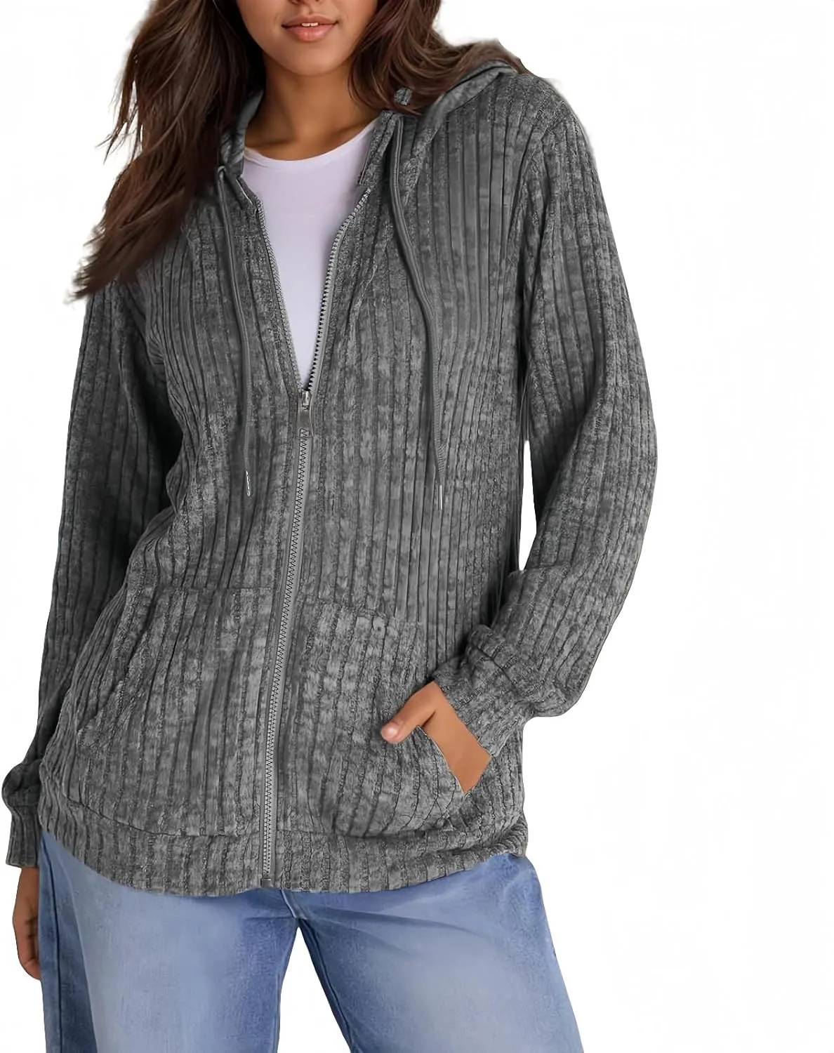 Zip Up Hoodie Women Oversized Sweaters Hoodies Casual Drawstring Lightweight Knit Workout Zip Up Jackets with Pockets