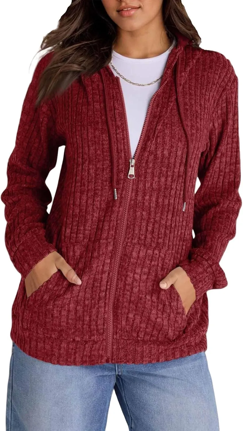 Zip Up Hoodie Women Oversized Sweaters Hoodies Casual Drawstring Lightweight Knit Workout Zip Up Jackets with Pockets
