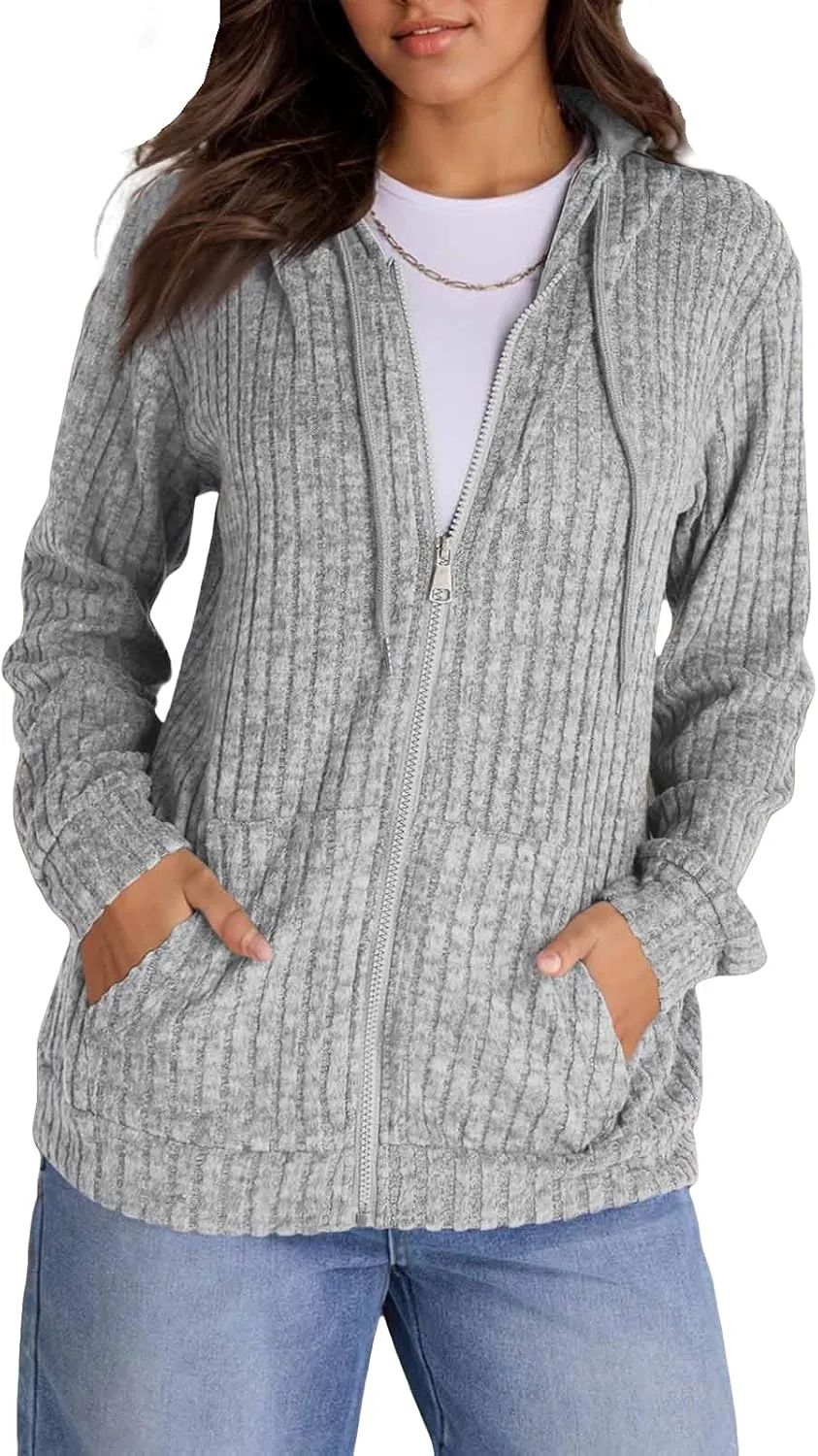Zip Up Hoodie Women Oversized Sweaters Hoodies Casual Drawstring Lightweight Knit Workout Zip Up Jackets with Pockets