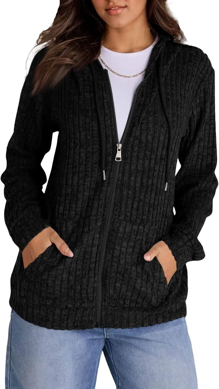 Zip Up Hoodie Women Oversized Sweaters Hoodies Casual Drawstring Lightweight Knit Workout Zip Up Jackets with Pockets
