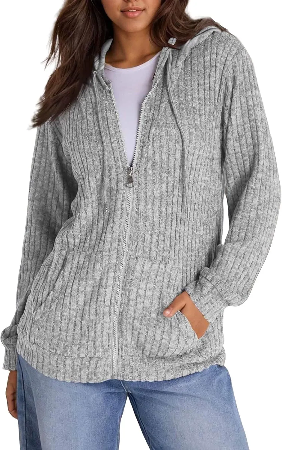 Zip Up Hoodie Women Oversized Sweaters Hoodies Casual Drawstring Lightweight Knit Workout Zip Up Jackets with Pockets